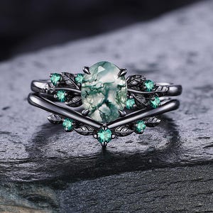 Vintage Oval Moss Agate Engagement Ring Set Women Bridal Emerald Stacking Wedding Rings Unique Black Gold Art Deco Leaf Nature Branch Ring