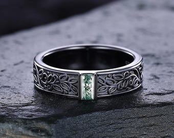 Einzigartige grüne Moos Achat Herren Ehering 14K Schwarz Gold Natur Inspiriert Blatt Design Verlobungsring Handmake Schmuck Versprechen Ring für Männer