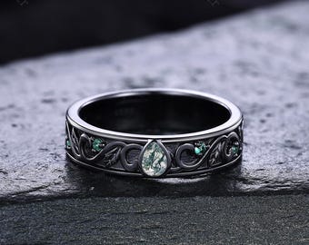 Natural Inspired Moss Agate Engagement Ring Unique Twig Leaf Engraved Ring Black Gold Emerald Wedding Ring Custom Mens Anniversary Ring Gift