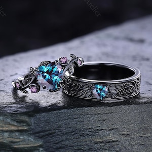Bague couple coeur alexandrite bagues de fiançailles uniques croissant de lune Alliance pour lui et elle Bagues design feuille de vigne Bague de mariée améthyste