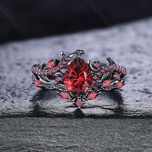 Einzigartige Feuerwerk Cut Granat Verlobungsring Set Natur Inspiriert Mond Blatt Rebe Ehering Gothic Schwarz Gold Granat Cluster Ring für Frauen