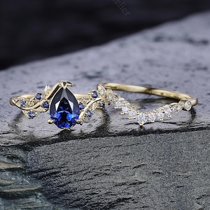 Vintage Pear Blue Sapphire Engagement Ring Unique Yellow Gold Art Deco Leaf Nature Branch Ring Women Bridal Sapphire Stacking Wedding Rings