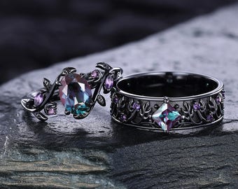 Alexandrite Couple Rings, Amethyst Crescent Moon Black Gold Gothic Rings