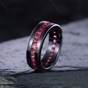 Unique Princess Cut Ruby Wedding Ring 7mm Black Gold Men&#39;s Promise Ring Personalized Ruby Engagement Ring Custom Anniversary Gift For Him