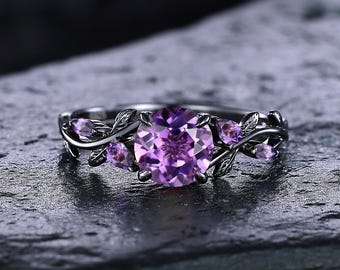 Unique Round Amethyst Engagement Ring 14K Black Gold Twig Leaf Wedding Ring Nature Inspired Bridal Promise Ring Anniversary Ring For Women