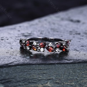 Vintage Marquise Garnet Wedding Band Cluster Wedding Band Bridal Moissanite Ring Black Gold Half Eternity Stack Band Anniversary Ring Women