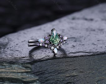 Kite Moss Agate Engagement Ring Set Unique 14K Black Gold Bridal