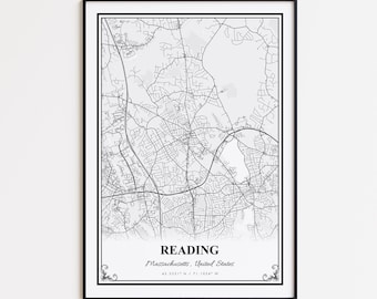 Reading Karte Druck, Reading Massachusetts Wandkunst Poster, Lesen Benutzerdefinierte Straßenkarte, Lesen Moderne Karte Druck, Lesen Straßenkarte Poster