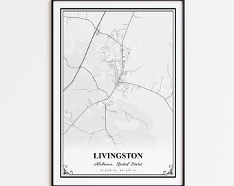 Livingston Map Print, Livingston Alabama Wall Art Poster, Livingston Custom Street Map, Livingston Map Gift, Livingston Road Map Poster