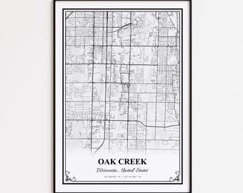 Oak Creek Karte Druck, Oak Creek Wisconsin Wandkunst Poster, Oak Creek Benutzerdefinierte Straßenkarte, Oak Creek Karte Geschenk, Oak Creek Straßenkarte Poster