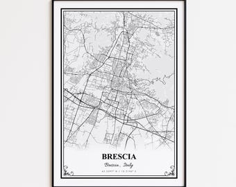 May include: A framed black and white map print of Brescia, Italy. The map shows the city's road network and geographical features. The city name and coordinates are printed at the bottom.