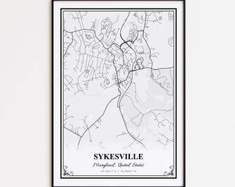 Sykesville Karte Druck, Sykesville Maryland Wand Kunst Poster, Sykesville Benutzerdefinierte Straßenkarte, Sykesville moderne Karte Druck, Sykesville Karte Geschenk