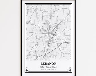 Lebanon Map Print, Lebanon Ohio Wall Art Poster, Lebanon Custom Street Map, Lebanon Modern Map Print, Lebanon Map Gift