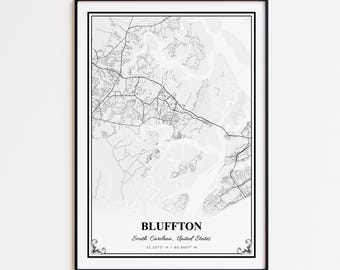 Bluffton Karte Druck, Bluffton South Carolina Wand Kunst Poster, Bluffton Benutzerdefinierte Straßenkarte, Bluffton moderne Karte Druck, Bluffton Karte Geschenk