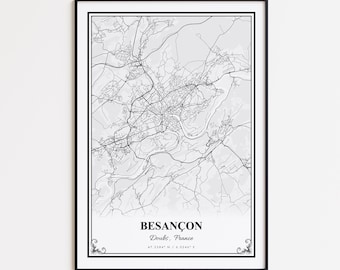 Besançon Karte Druck, Besançon Doubs Wandkunst Poster, Besançon Straßenkarte, Besancon Straßenkarte Poster, Besancon moderne Karte Druck