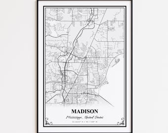 Madison Map Print, Madison Mississippi Wall Art Poster, Madison Custom Street Map, Madison Modern Map Print, Madison Road Map Poster