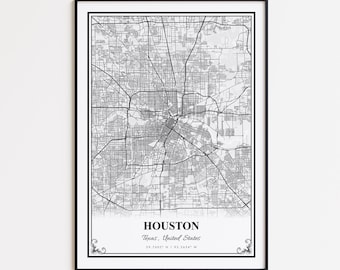 Houston Karte Druck, Houston Texas Wand Kunst Poster, Houston Benutzerdefinierte Straßenkarte, Houston Karte Geschenk, Houston moderne Karte Druck