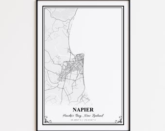 Impression de carte Napier, affiche d'art mural Napier Hawke's Bay, carte des rues personnalisée Napier, cadeau carte Napier, affiche de carte routière Napier
