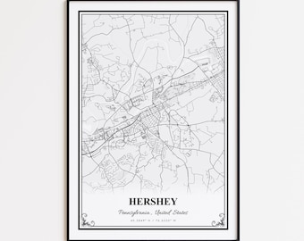 Impression de carte Hershey, affiche d'art mural Hershey en Pennsylvanie, carte des rues personnalisée Hershey, affiche de carte routière Hershey, impression de carte moderne Hershey