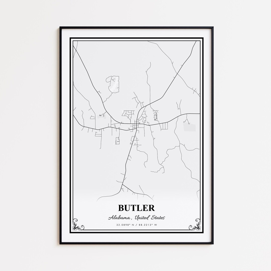 Butler Map Print, Butler Alabama Wall Art Poster, Butler Custom Street ...