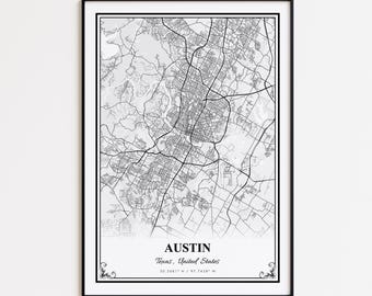 Austin Karte Druck, Austin Texas Wand Kunst Poster, Austin Custom Straßenkarte, Austin Karte Geschenk, Austin Road Map Poster, Austin moderne Karte Druck