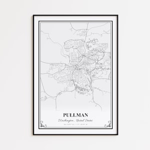 Pode incluir: Uma impressão emoldurada em preto e branco do mapa de Pullman, Washington, Estados Unidos. O mapa mostra as estradas e o layout da cidade. O nome da cidade e as coordenadas são impressos na parte inferior.