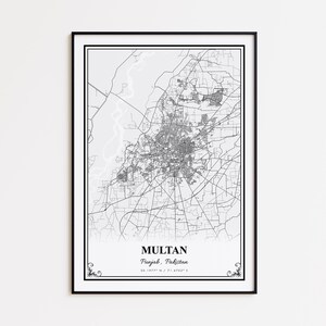 May include: A framed monochrome map print of Multan, Punjab, Pakistan. The map shows the city's infrastructure, including roads and buildings. The city name and coordinates are printed at the bottom. The print is in a black frame.
