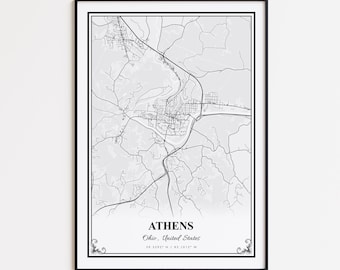 Impression de carte d'Athènes, affiche d'art mural Athènes Ohio, plan des rues personnalisé d'Athènes, affiche de la carte routière d'Athènes, impression de carte moderne d'Athènes, cadeau carte d'Athènes