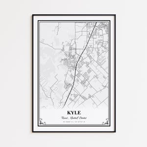 May include: Black framed map print of Kyle, Texas, United States. The map is in monochrome, showing roads, buildings, and geographical features. The city name and coordinates are printed at the bottom.
