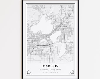 Stampa della mappa di Madison, poster da parete di Madison, Wisconsin, mappa stradale personalizzata di Madison, poster della mappa stradale di Madison, regalo con mappa di Madison