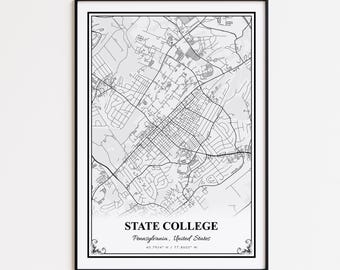 State College Map Print, State College Pennsylvania Wall Art Poster, State College Custom Street Map, State College Map Gift
