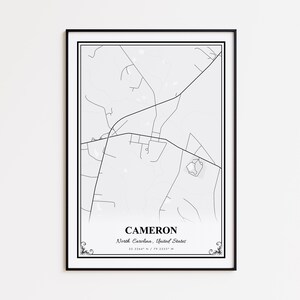 Mapa impresso de Cameron, pôster de arte de parede de Cameron, Carolina do Norte, mapa de ruas personalizado de Cameron, mapa moderno impresso de Cameron, pôster de mapa rodoviário de Cameron