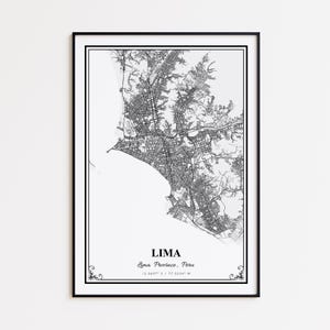 May include: A framed black and white map print of Lima, Peru. The map details the city's layout, including streets and geographical features. The city's name is displayed in a bold font, with the province and coordinates below. Decorative flourishes are at the bottom.
