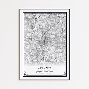 Impression de carte d'Atlanta, affiche d'art mural d'Atlanta en Géorgie, carte des rues d'Atlanta personnalisée, impression de carte moderne d'Atlanta, cadeau de carte d'Atlanta