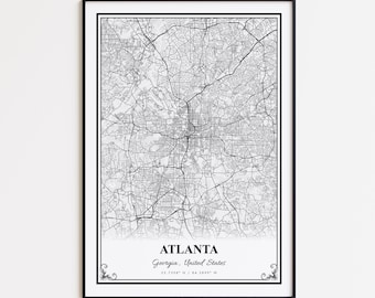 Impression de carte d'Atlanta, affiche d'art mural d'Atlanta en Géorgie, carte des rues d'Atlanta personnalisée, impression de carte moderne d'Atlanta, cadeau de carte d'Atlanta
