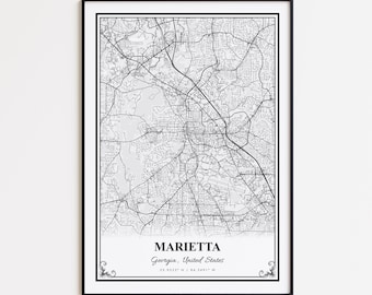 Wydruk mapy Marietty, plakat ścienny Marietty w Georgii, spersonalizowana mapa ulic Marietty, wydruk nowoczesnej mapy Marietty, plakat z mapą drogową Marietty