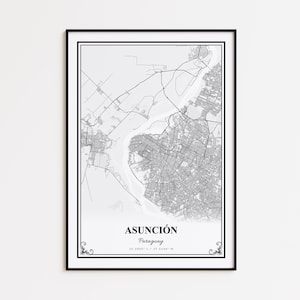 May include: A framed black and white map print of Asunción, Paraguay. The city map is detailed with streets and waterways. The city name and country are displayed in a clean font at the bottom, along with the coordinates.