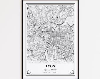 Stampa della mappa di Lione, poster da parete del Rodano di Lione, mappa stradale personalizzata di Lione, poster della mappa stradale di Lione, regalo con mappa di Lione, stampa moderna della mappa di Lione
