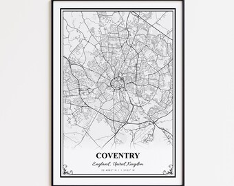 May include: A framed black and white map print of Coventry, England. The map details the city's road network and is labeled "Coventry, England, United Kingdom" with coordinates. The print has a decorative border.