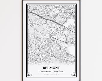 Belmont Map Print, Belmont Massachusetts Wall Art Poster, Belmont Custom Street Map, Belmont Map Gift, Belmont Modern Map Print