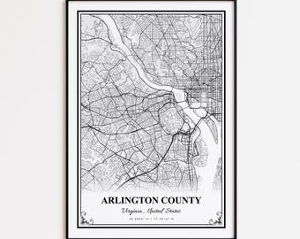 Impression de carte du comté d'Arlington, affiche d'art mural Virginie du comté d'Arlington, carte des rues personnalisée du comté d'Arlington, impression de carte moderne du comté d'Arlington
