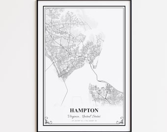 Hampton Map Print, Hampton Virginia Wall Art Poster, Hampton Custom Street Map, Hampton Map Gift, Hampton Road Map Poster