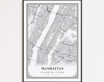 Manhattan Map Print, Manhattan New York City Wall Art Poster, Manhattan Custom Street Map, Manhattan Road Map Poster, Manhattan Map Gift