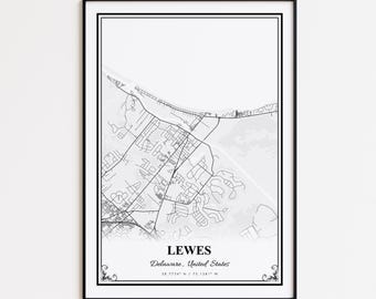 Impression de carte de Lewes, affiche d'art mural de Lewes, Delaware, carte des rues personnalisée de Lewes, affiche de carte de Lewes, cadeau de carte de Lewes, impression de carte moderne de Lewes