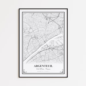 May include: A framed black and white map print of Argenteuil, France. The map features intricate street details and the city's name in a clean, modern font. Coordinates are listed below the city name. The print is enclosed in a black frame.