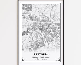 Pretoria Karte Druck, Pretoria Gauteng Wand Kunst Poster, Pretoria Benutzerdefinierte Straßenkarte, Pretoria Karte Geschenk, Pretoria Moderne Karte Druck
