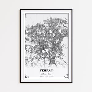 May include: Black and white framed map print of Tehran, Iran. The map details the city's streets and infrastructure. The city's name and coordinates are printed at the bottom. The frame is black.