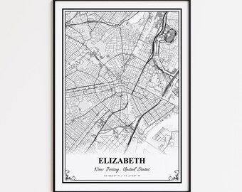 Elizabeth Karte Druck, Elizabeth New Jersey Wandkunst Poster, Elizabeth Benutzerdefinierte Straßenkarte, Elizabeth Straßenkarte Poster, Elizabeth Karte Geschenk