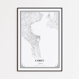 May include: Black framed print featuring a detailed grayscale map of Corfu, Greece. The map highlights roads and geographical features. The word "CORFU, Greece" is printed in a serif font at the bottom, along with the coordinates. Decorative flourishes are in the corners.