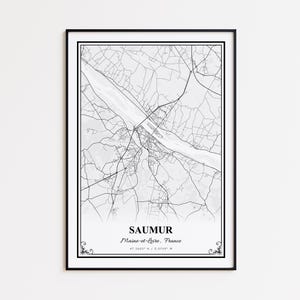 May include: Black framed print of a map of Saumur, Maine-et-Loire, France. The map is in black and white, showing roads, buildings, and the Loire River. The city name and coordinates are at the bottom.